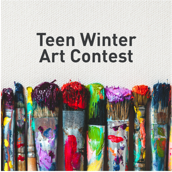 A row of colorful and used paintbrushes with the words "Teen Winter Art Contest" above