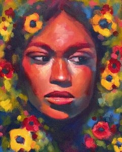 colorful portrait of a front view of a woman's face surrounded by flowers