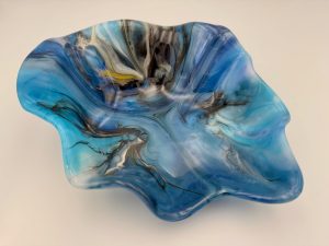 Freeform blue marbled glass bowl